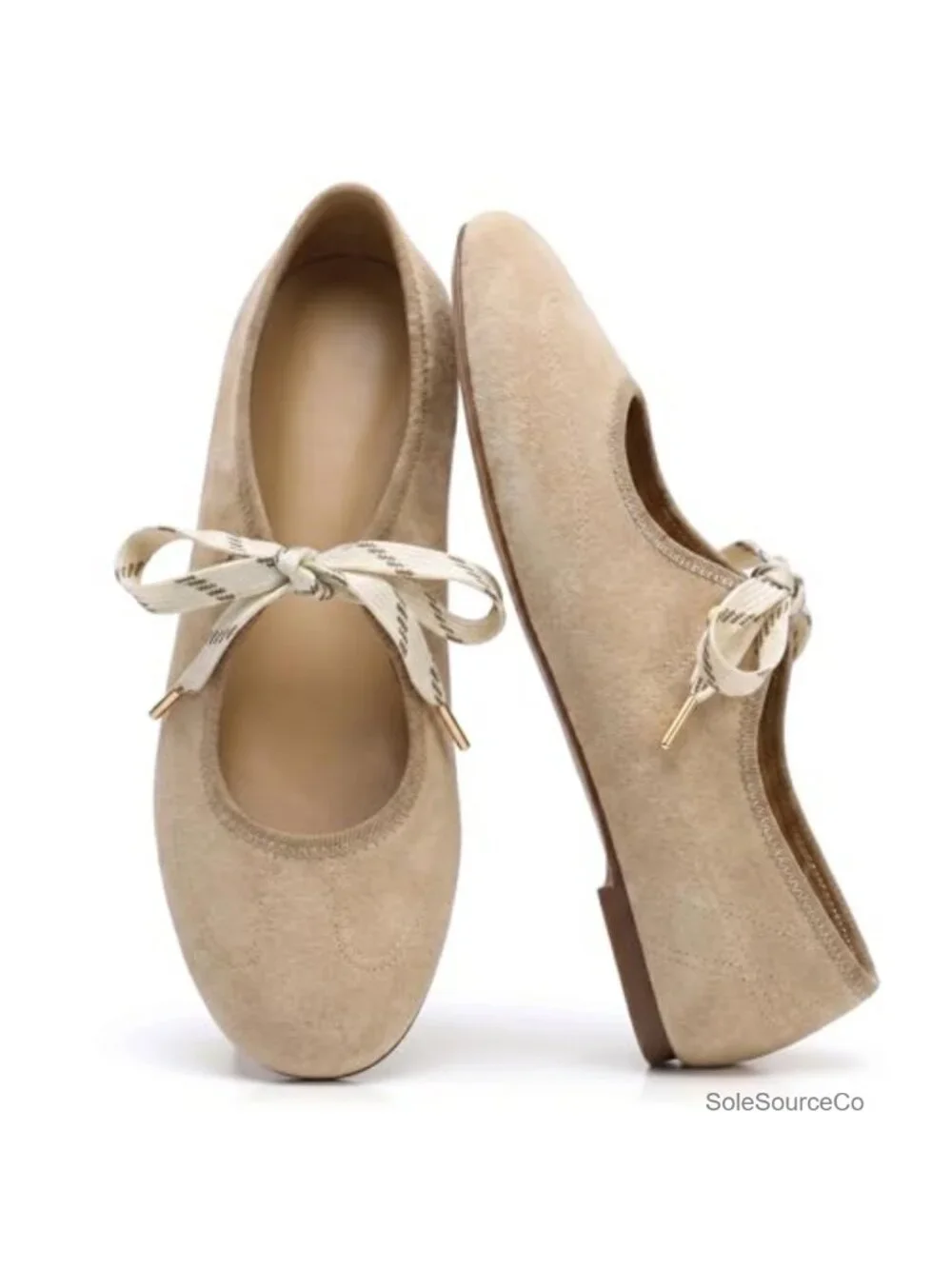 Lace Up Ballet Flats Women Round Toe Mary Jane Faux Suede Ballerina Slip On